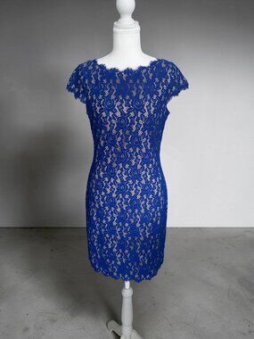 ELIZA J Blue Lace Nude Underlay Cocktail Dress Size 6
